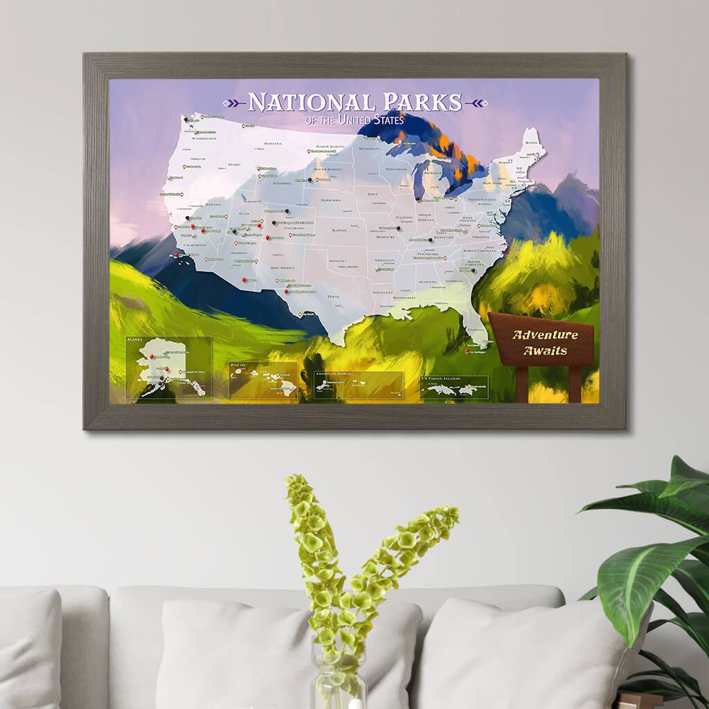 Canvas National Parks Watercolor Travel Map - Barnwood Gray Frame