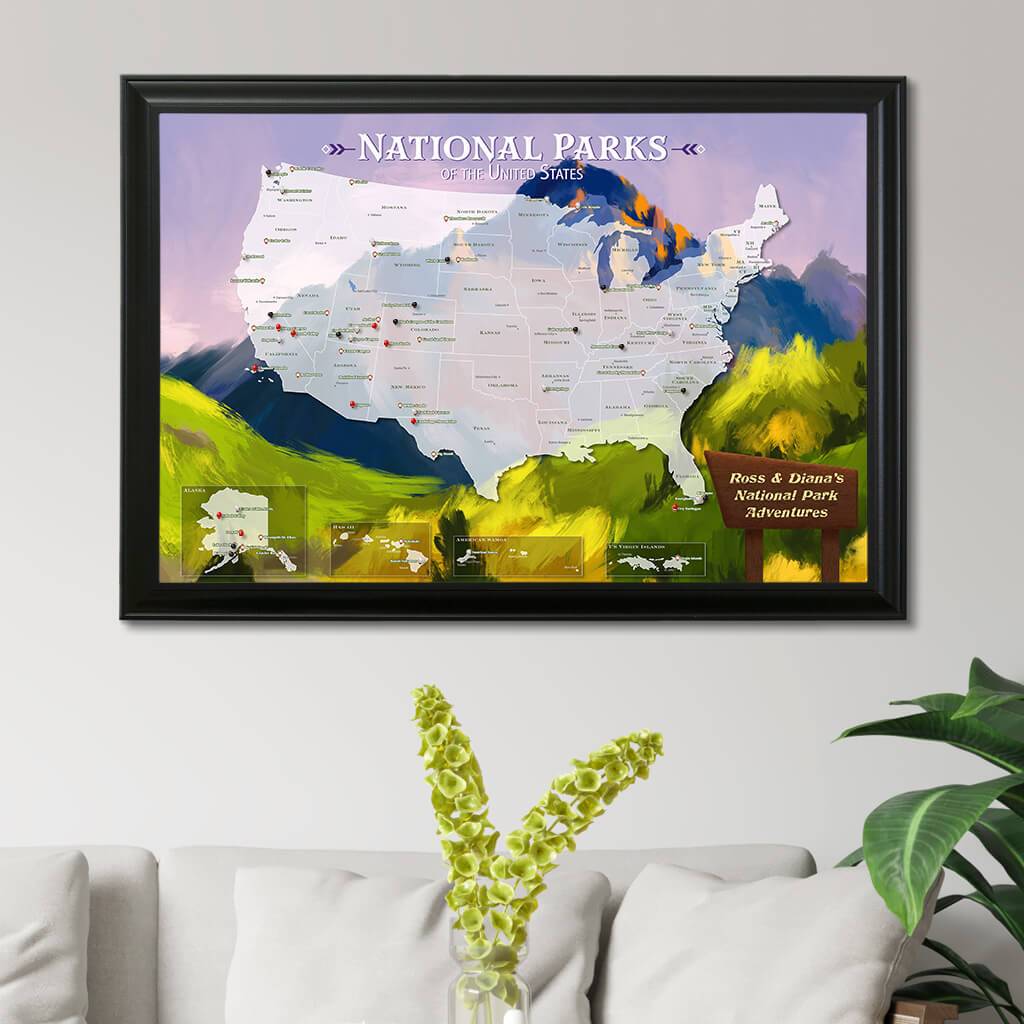 National Parks Watercolor Travel Map - Black Frame