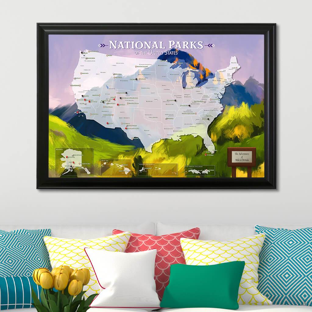 National Parks Watercolor Pinboard Map in Black Frame