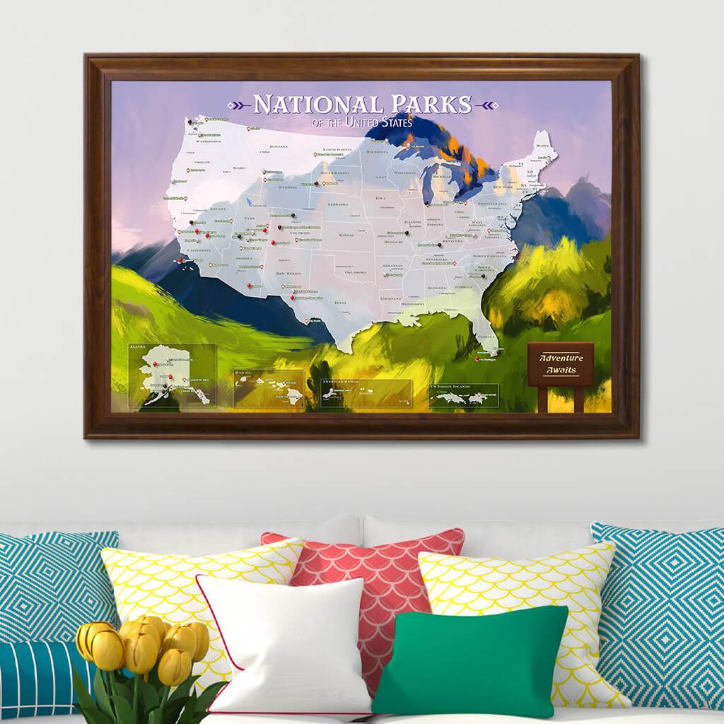 National Parks Watercolor Travel Map in Brown Frame