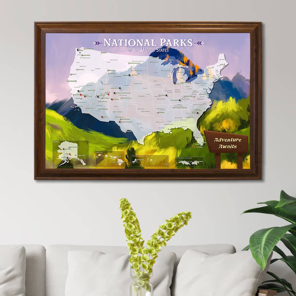 National Parks Watercolor Travel Map - Brown Frame