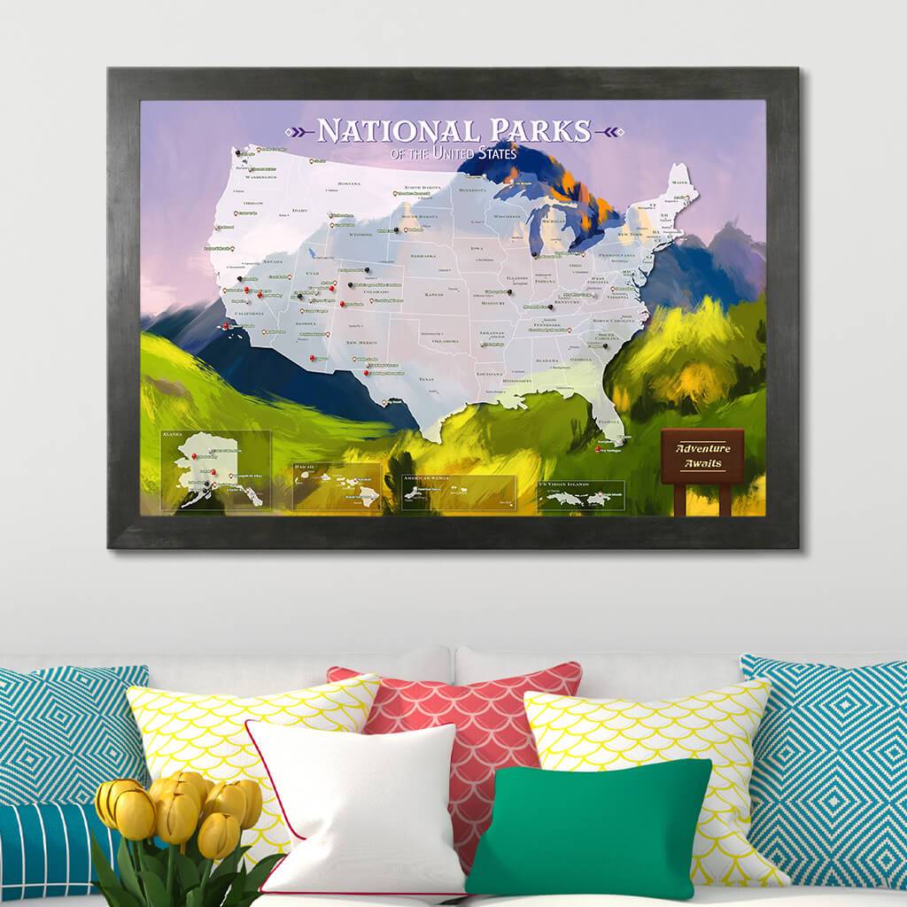 National Parks Watercolor Travel Pin Map in Rustic Black Frame