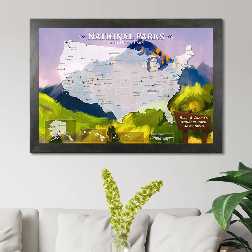 Canvas National Parks Watercolor Travel Map - Rustic Black Frame