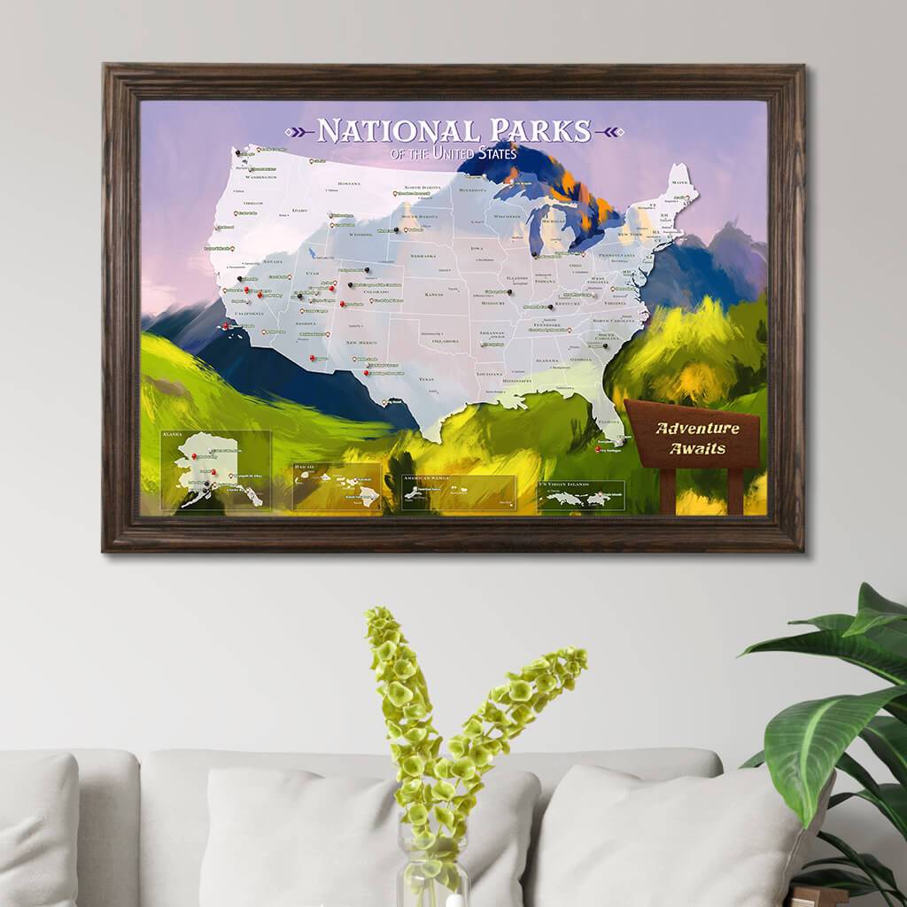 Canvas National Parks Watercolor Travel Map - Solid Wood Brown Frame