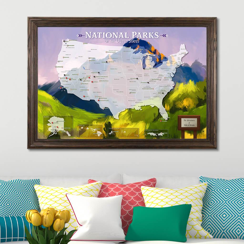 National Parks Watercolor Pinboard Map in Solid Wood Brown Frame