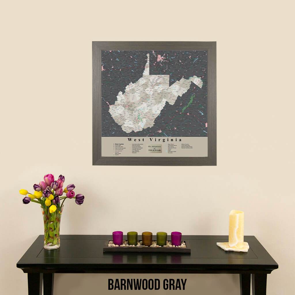 Earth Toned West Virginia State Travel Map Barnwood Gray Frame