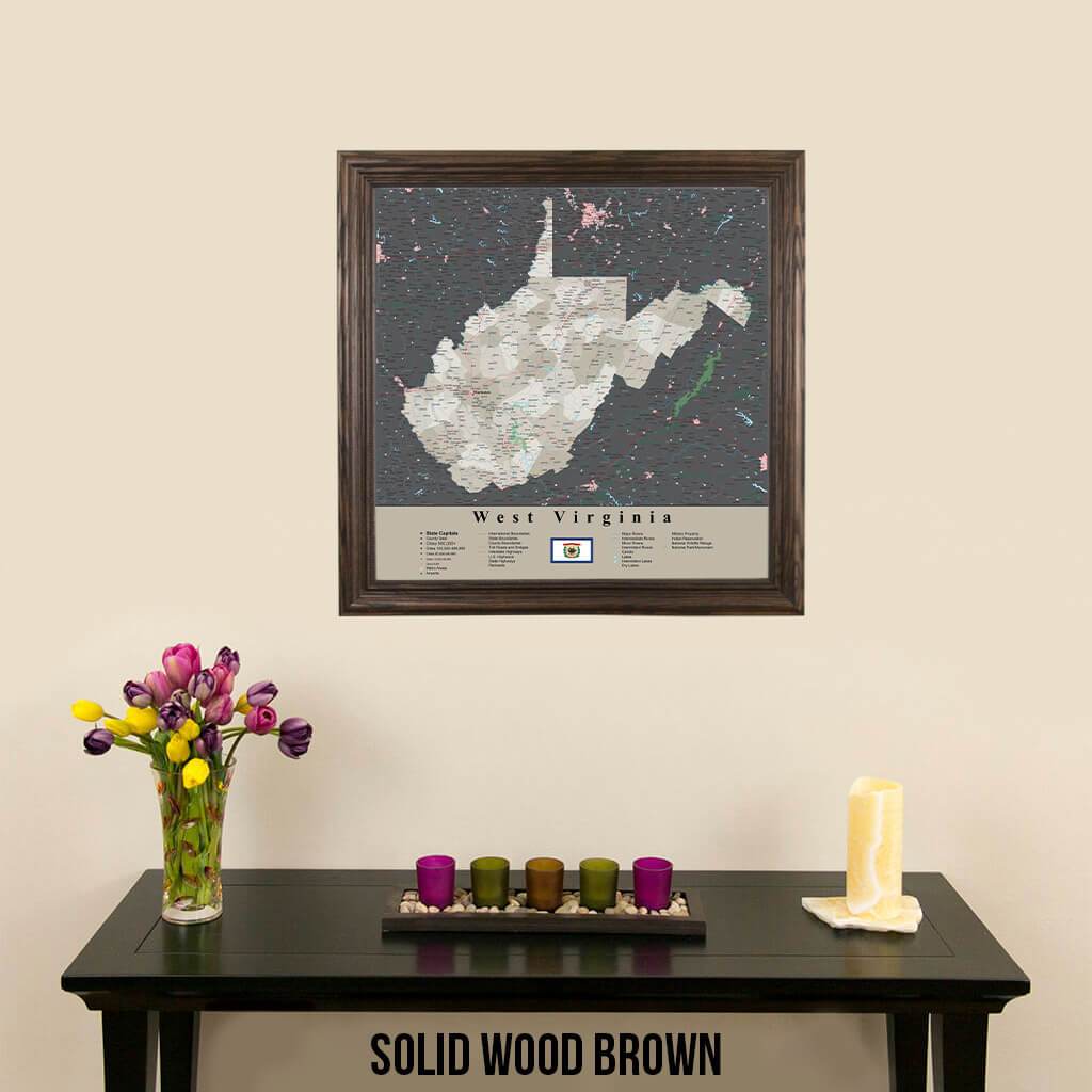 Earth Toned West Virginia State Travel Map Solid Wood Brown Frame