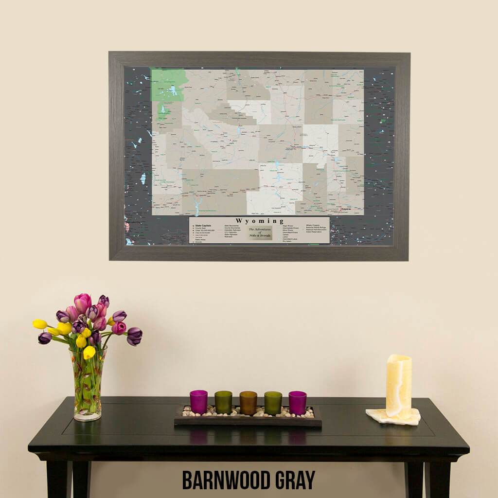 Framed Earth Toned Pin Map of Wyoming Barnwood Gray Frame