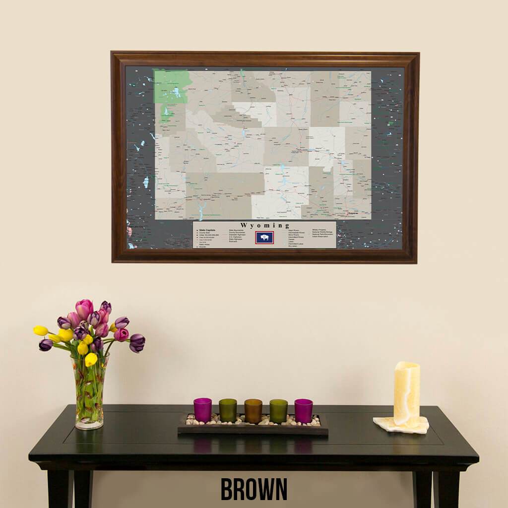 Framed Earth Toned Pin Map of Wyoming Brown Frame