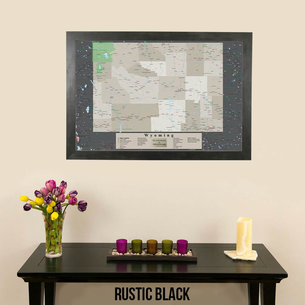 Framed Earth Toned Pin Map of Wyoming Rustic Black Frame