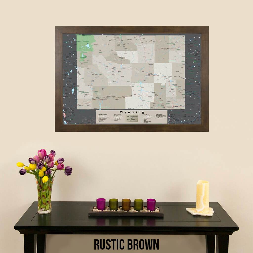 Framed Earth Toned Pin Map of Wyoming Rustic Brown Frame