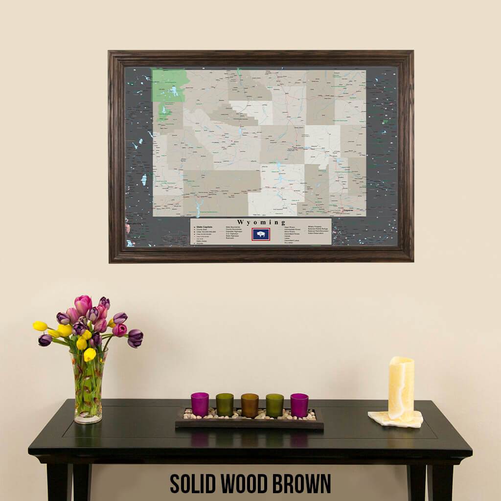 Framed Earth Toned Pin Map of Wyoming Solid Wood Brown Frame