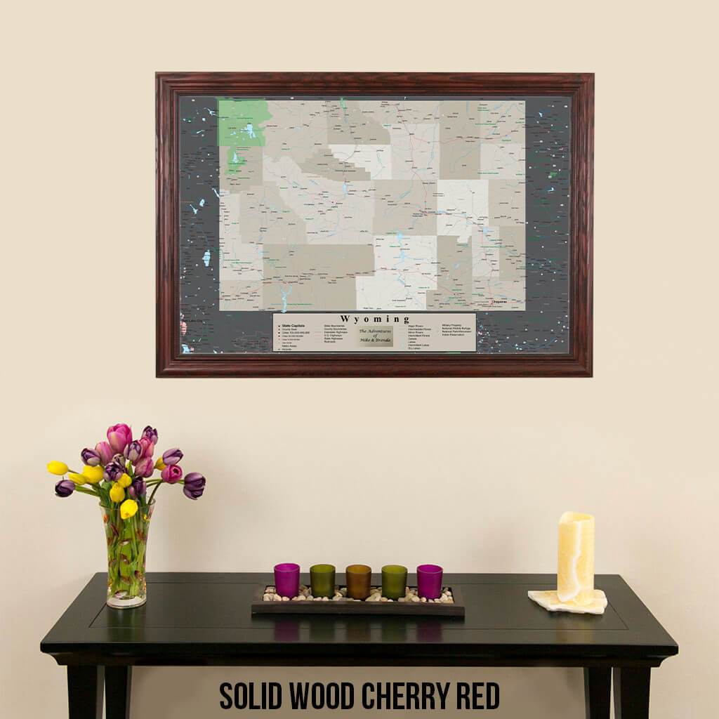Framed Earth Toned Pin Map of Wyoming Solid Wood Cherry Frame