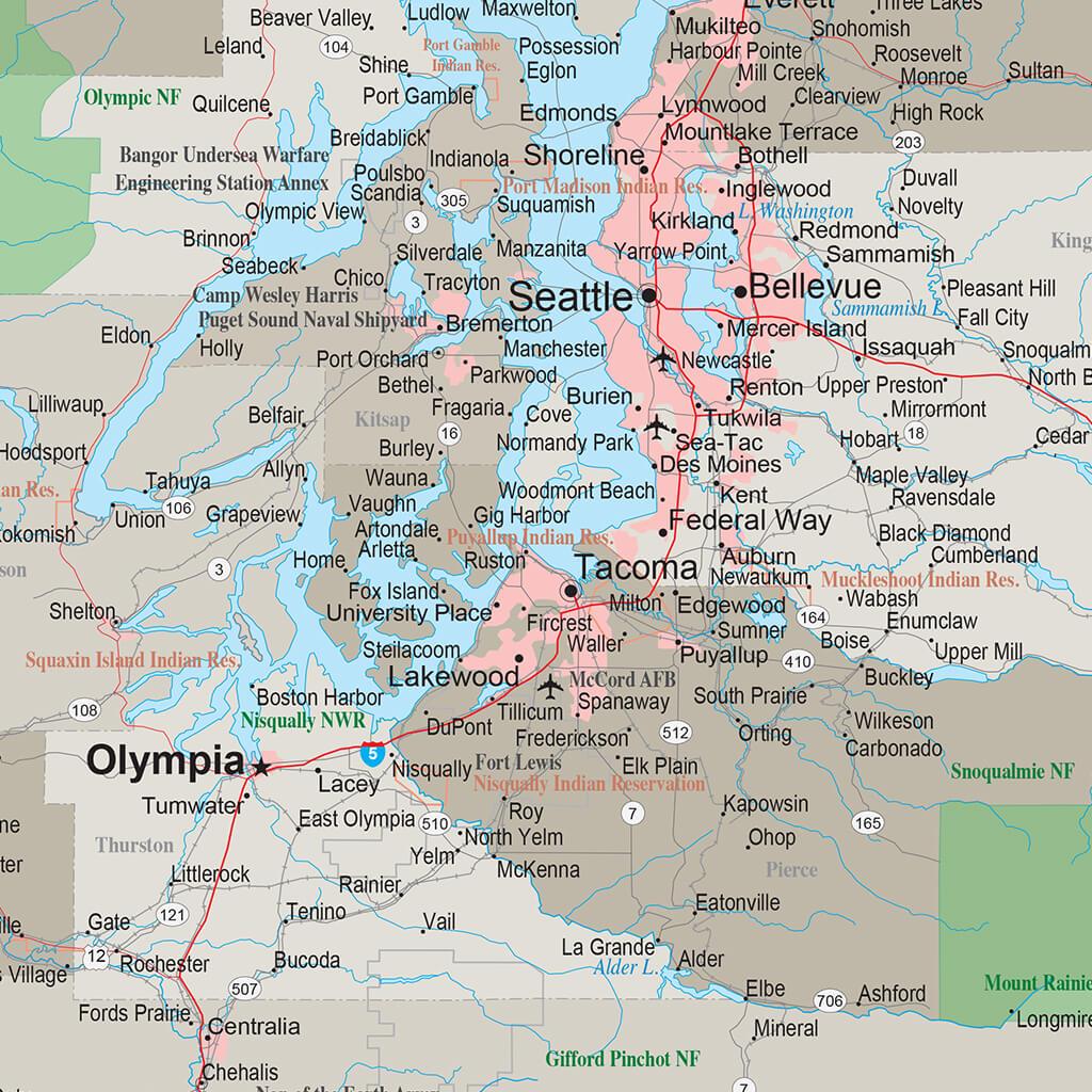 Earth Toned Washington State Push Pin Travel Map closeup
