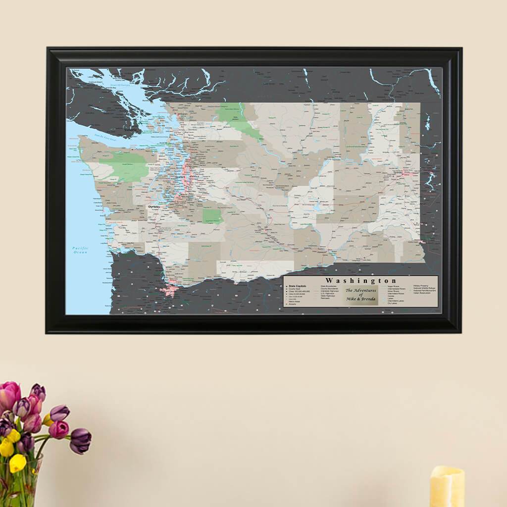 Earth Toned Washington State Push Pin Travel Map Main Picture