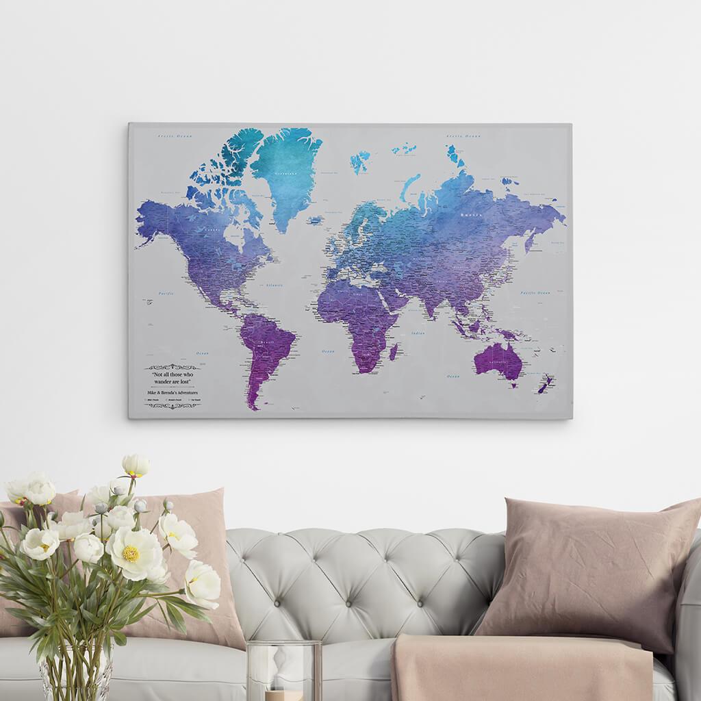 24x36 Gallery Wrapped Canvas Vibrant Violet Watercolor World Push Pin Map
