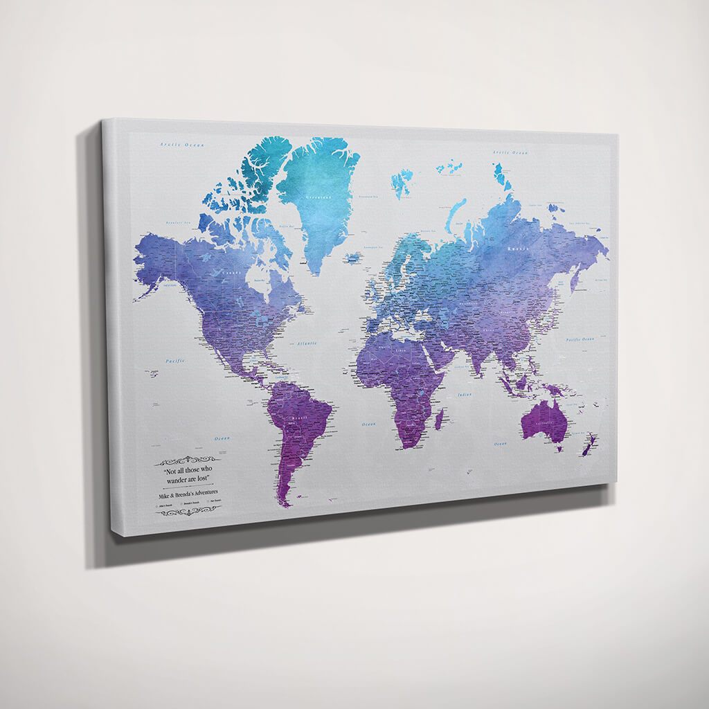 Gallery Wrapped Canvas Vibrant Violet Watercolor World Push Pin Map Side View
