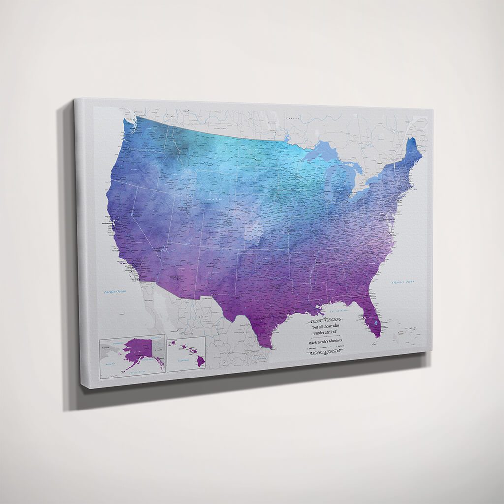 Gallery Wrapped Vibrant Violet Watercolor USA Push Pin Map Side View