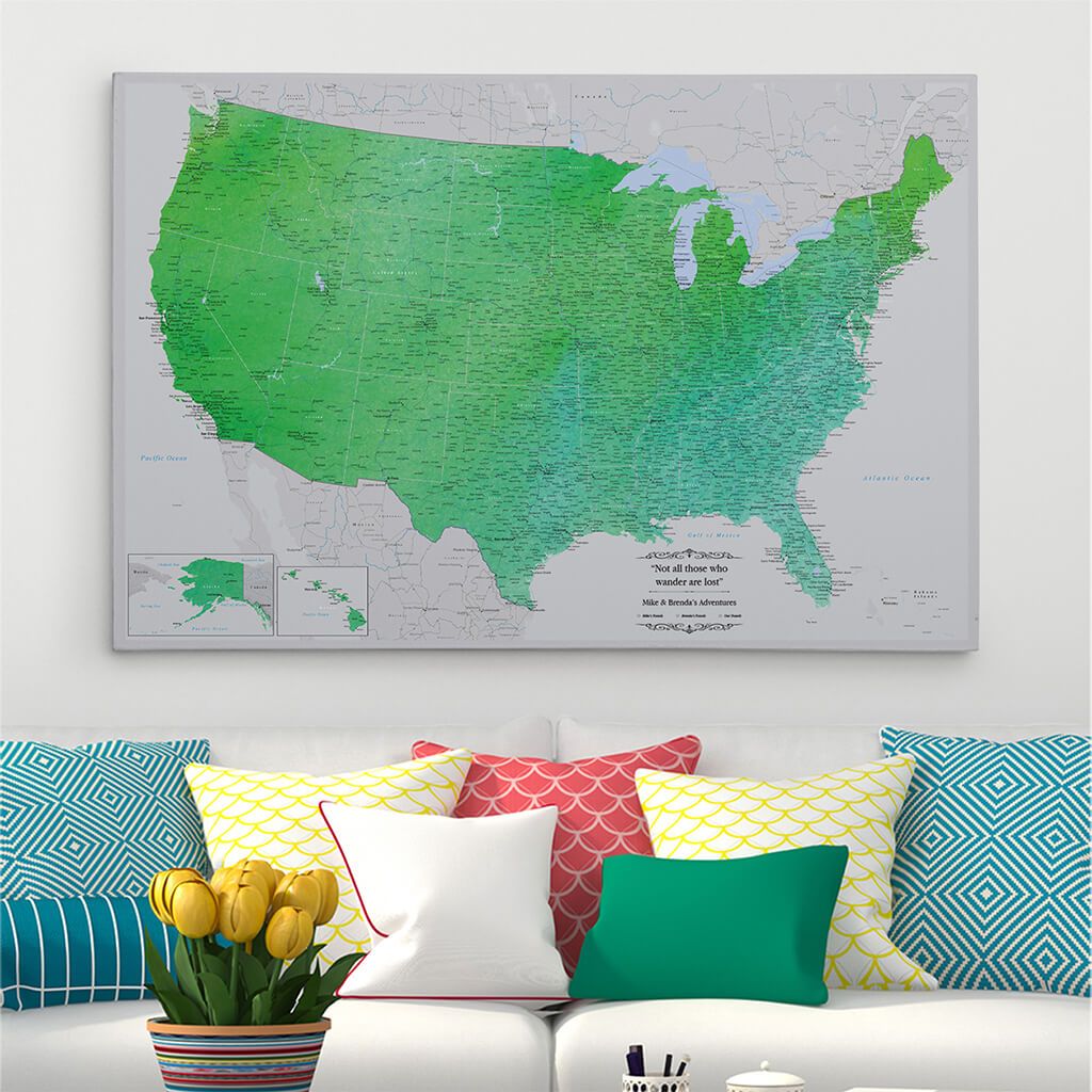 30x45 Gallery Wrapped Canvas Enchanting Emerald Watercolor USA Map