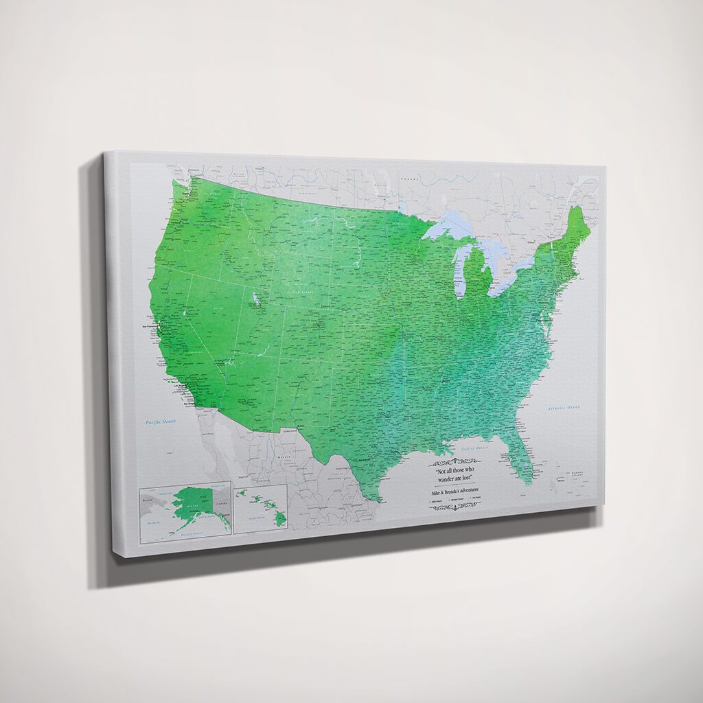 Gallery Wrapped Canvas Enchanting Emerald Watercolor USA Travel Map Side View