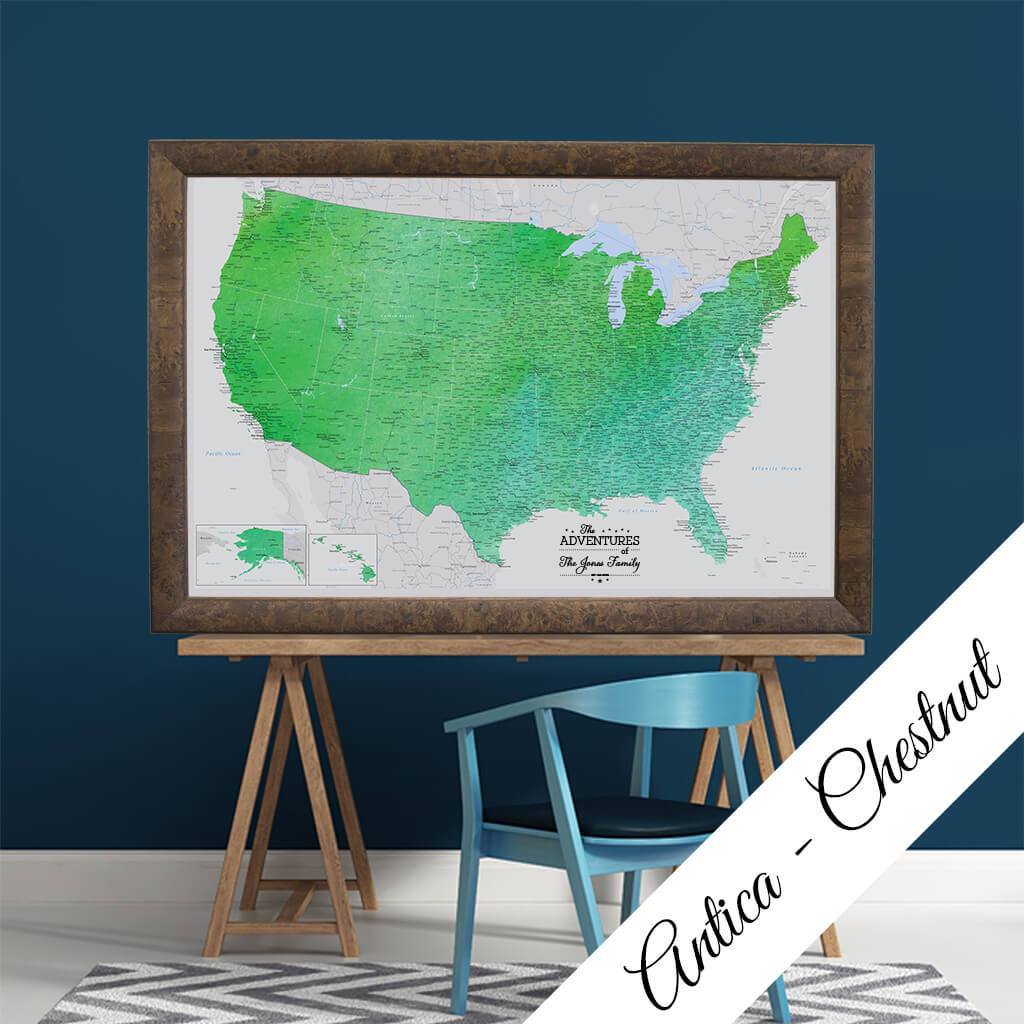 Enchanting Emerald Watercolor USA Canvas Map in Antica Chestnut Frame