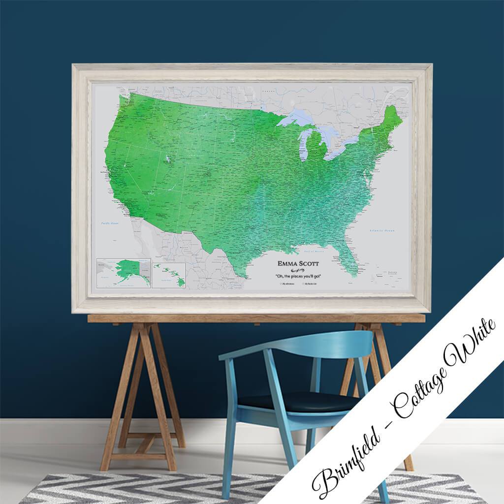 Enchanting Emerald Watercolor USA Canvas Map in Brimfield Cottage White Frame