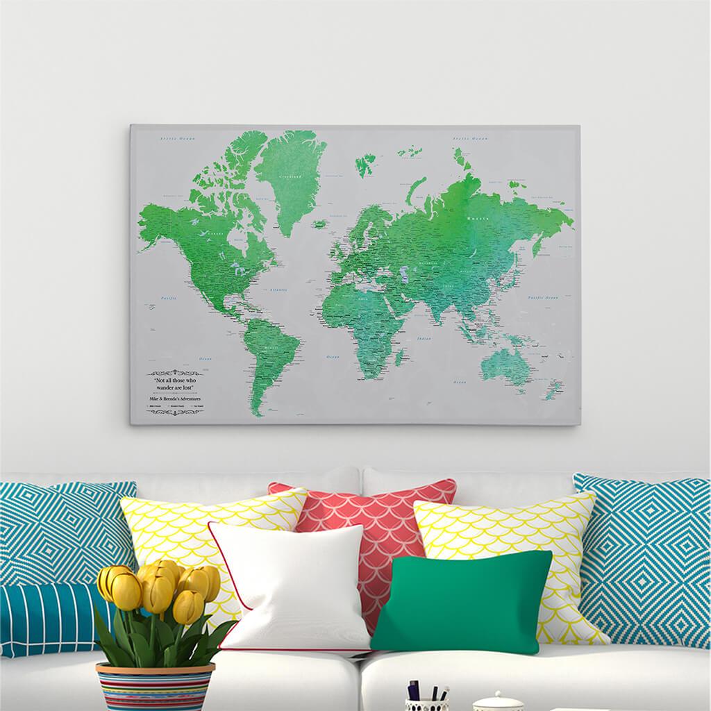24x36 Gallery Wrapped Enchanting Emerald Watercolor World Travel Map