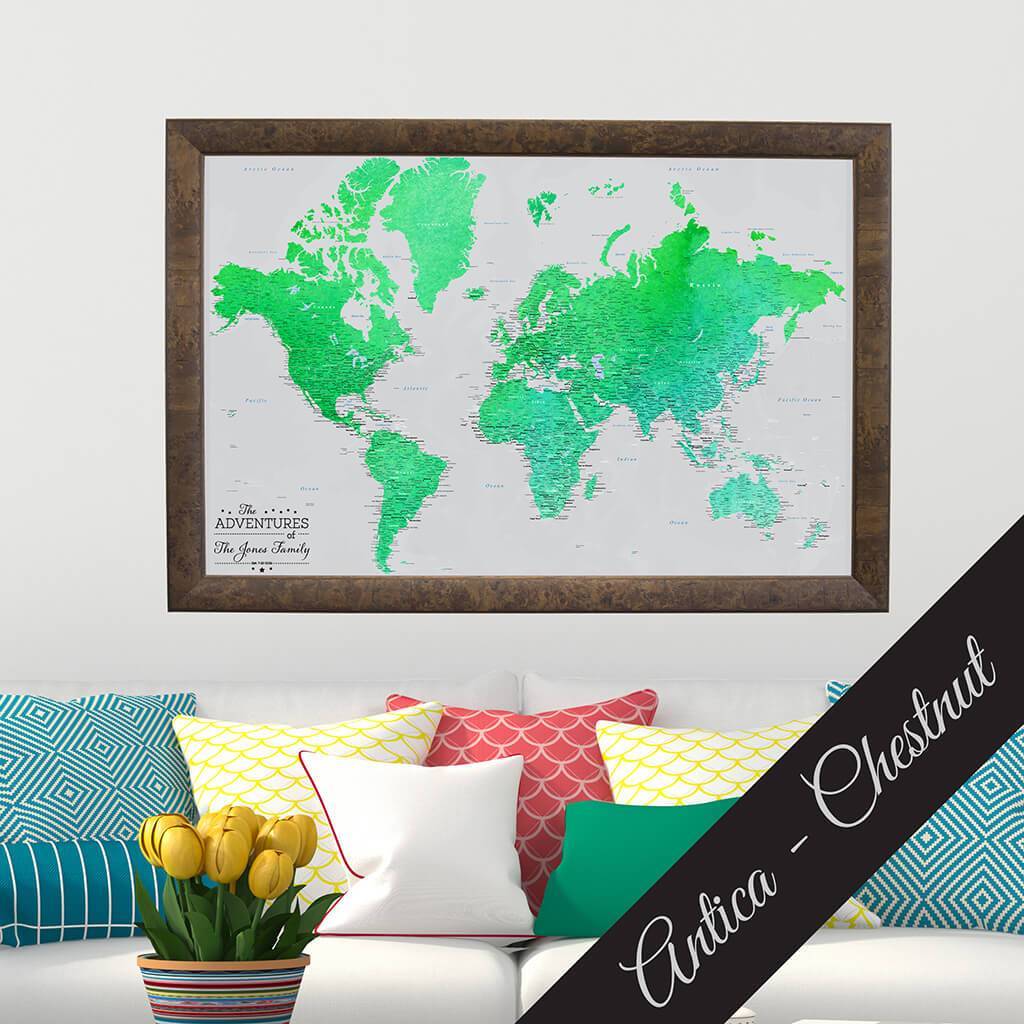 Canvas Watercolor Enchanting Emerald World Map in Premium Antica Chestnut  Frame