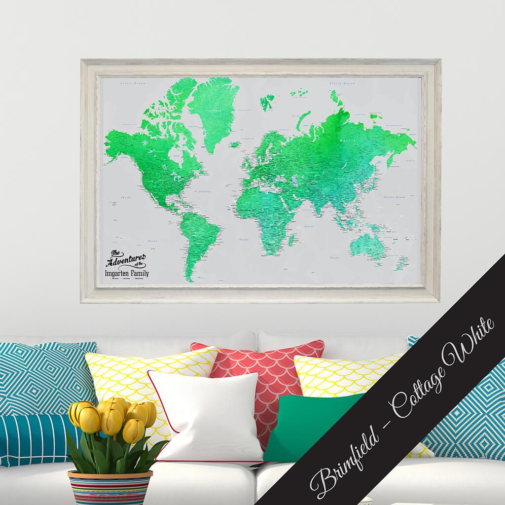 Canvas Watercolor Enchanting Emerald World Map Brimfield Cottage White Frame