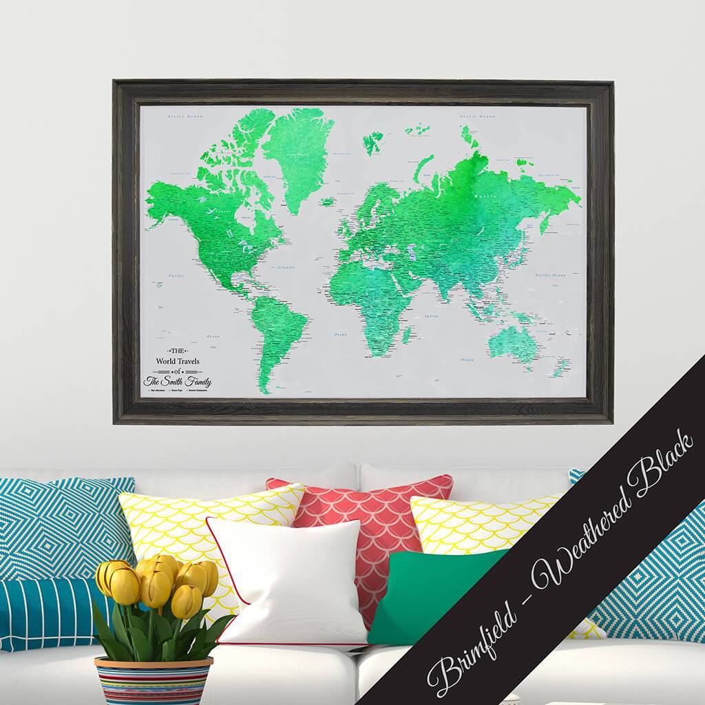 Canvas Watercolor Enchanting Emerald World Map Brimfield Weathered Black Frame