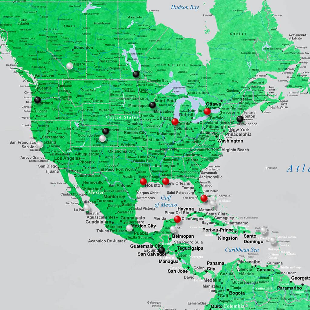 Closeup of USA on Green Watercolor World Map