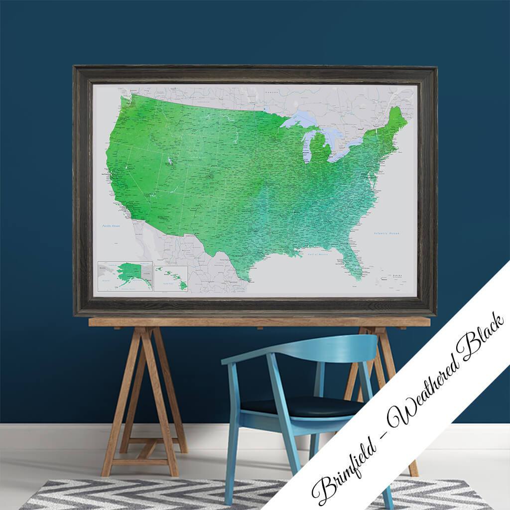 Enchanting Emerald Watercolor USA Canvas Map in Brimfield Black Frame