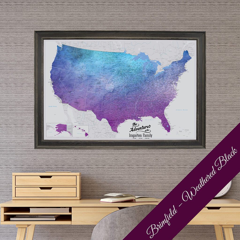 Canvas Vibrant Violet Watercolor USA Map with in Brimfield Black Frame