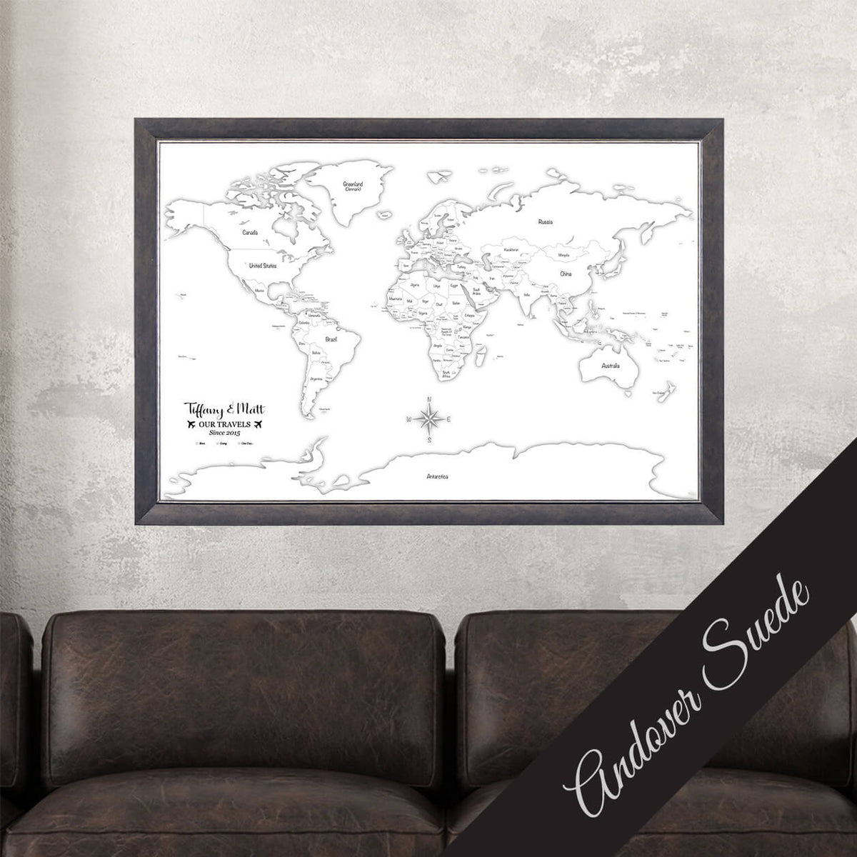 Canvas Black &amp; White Hand-Drawn Illustrative World Map with Pins with Andover Suede Frame