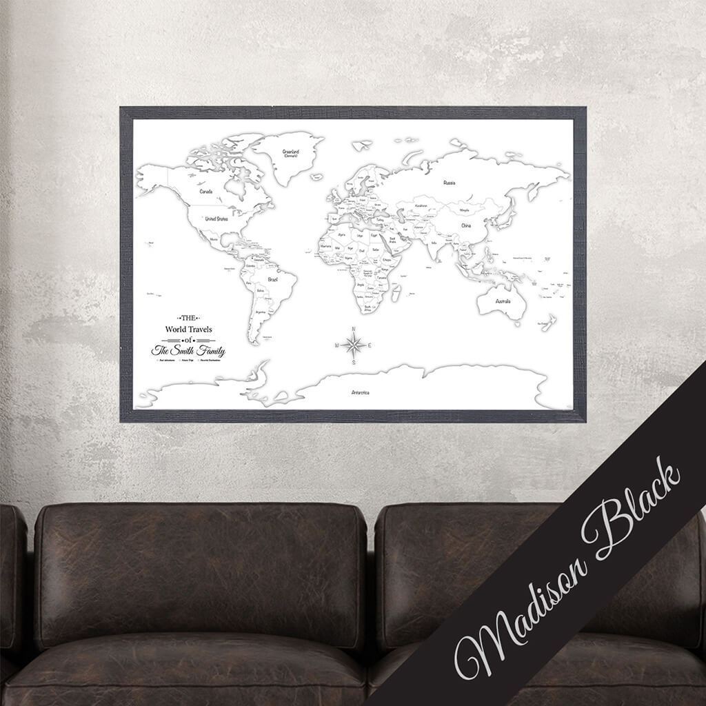 Canvas Black & White World Map with Pins in Madison Black Frame