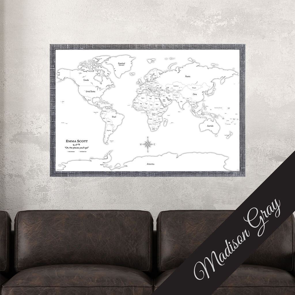 Canvas Black & White World Map with Pins in Madison Gray Frame