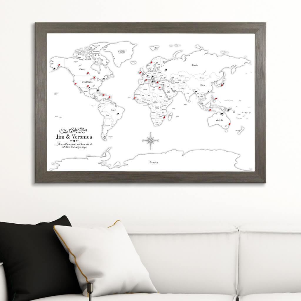 Canvas Black &amp; White Hand-Drawn Illustrative World Map with Pins Barnwood Gray Frame