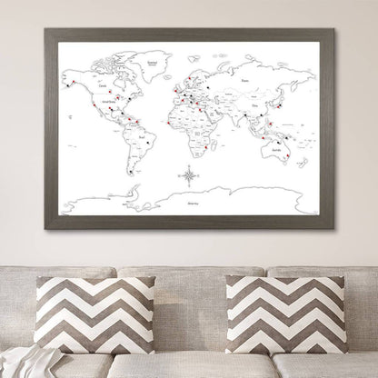 Black & White Hand-Drawn Illustrative World Map with Pins in Barnwood Gray