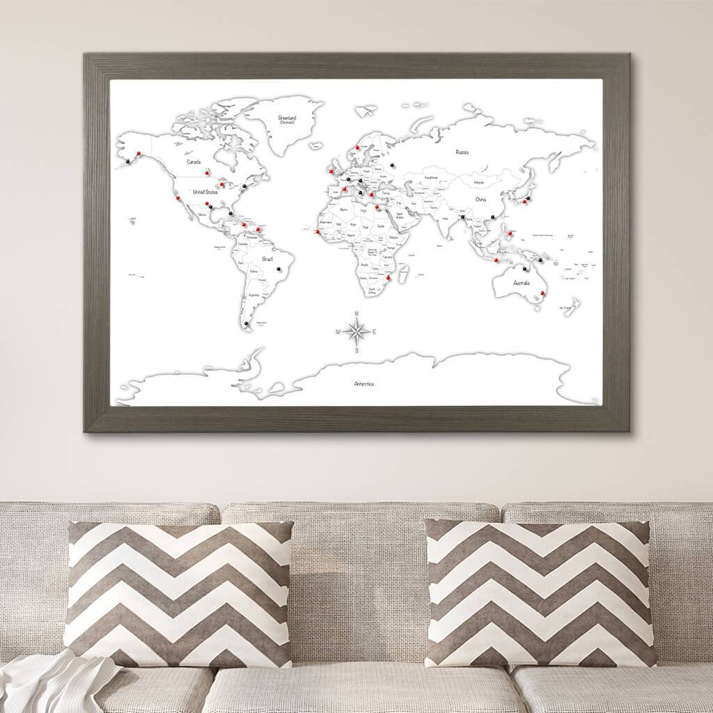 Black &amp; White Hand-Drawn Illustrative World Map with Pins in Barnwood Gray