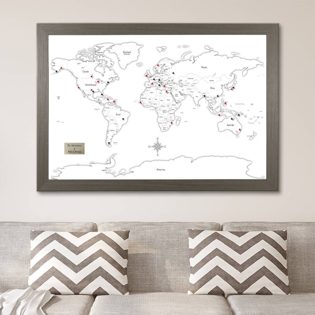 Illustrative World Map with Pins - Black &amp; White Hand-Drawn Travel Map