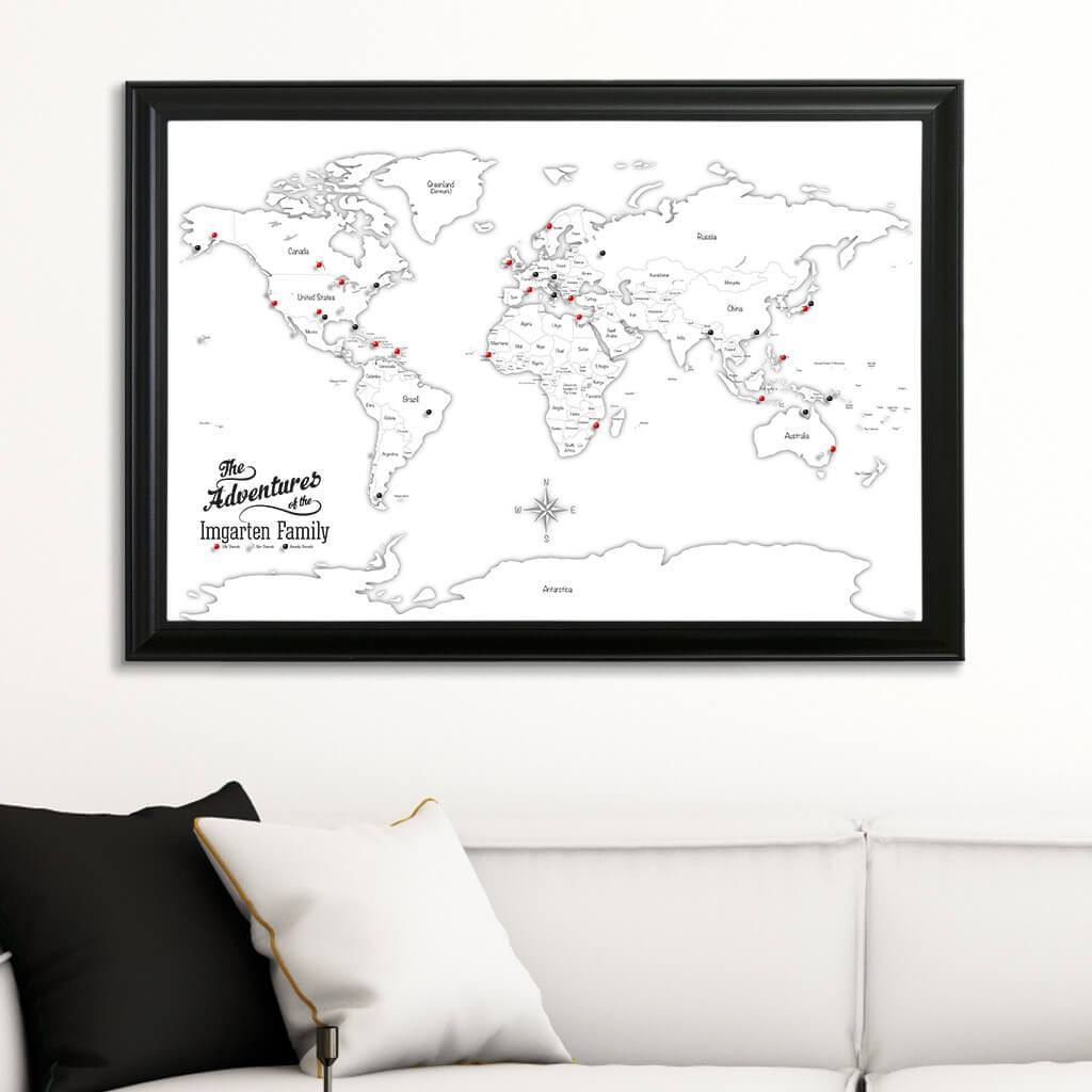 Canvas Black & White Hand-Drawn Illustrative World Map with Pins Black Frame