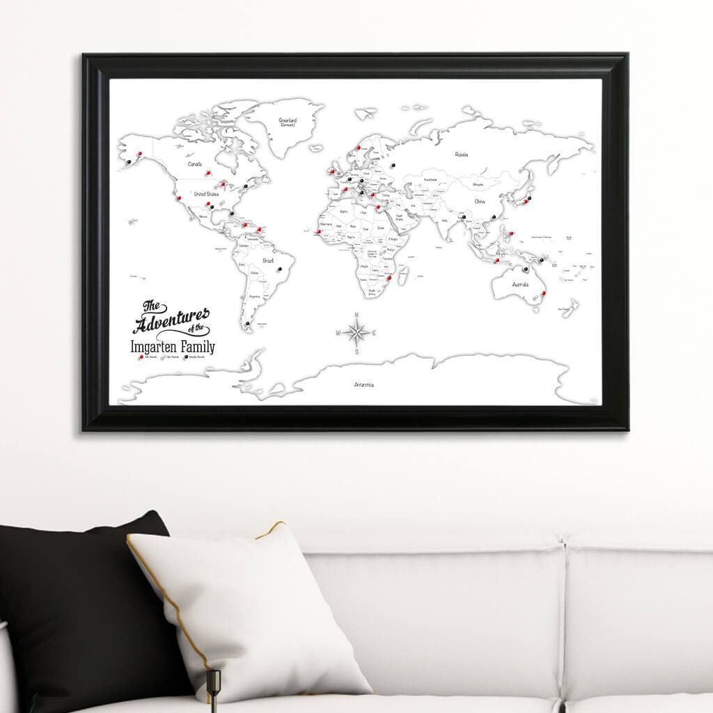 Canvas Black &amp; White Hand-Drawn Illustrative World Map with Pins Black Frame