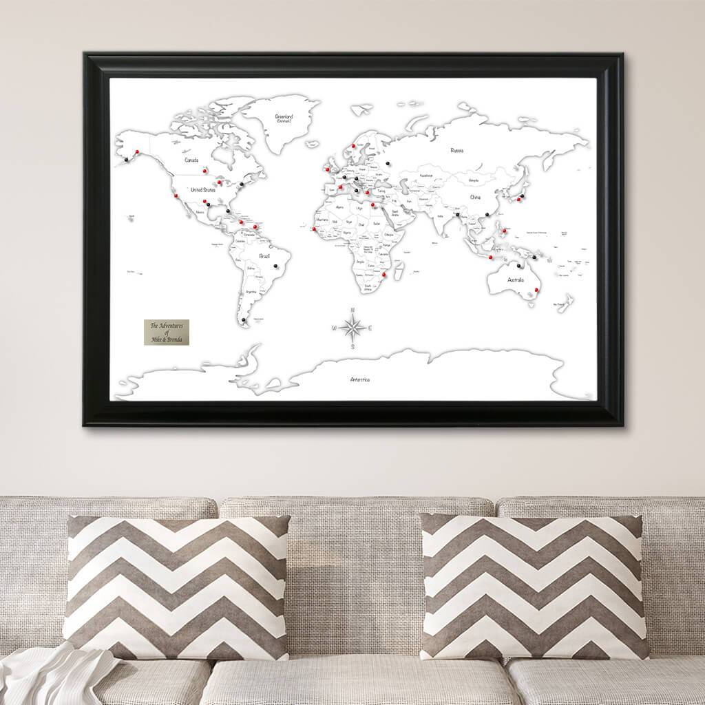 Black & White Hand-Drawn Illustrative World Map with Pins Black Frame