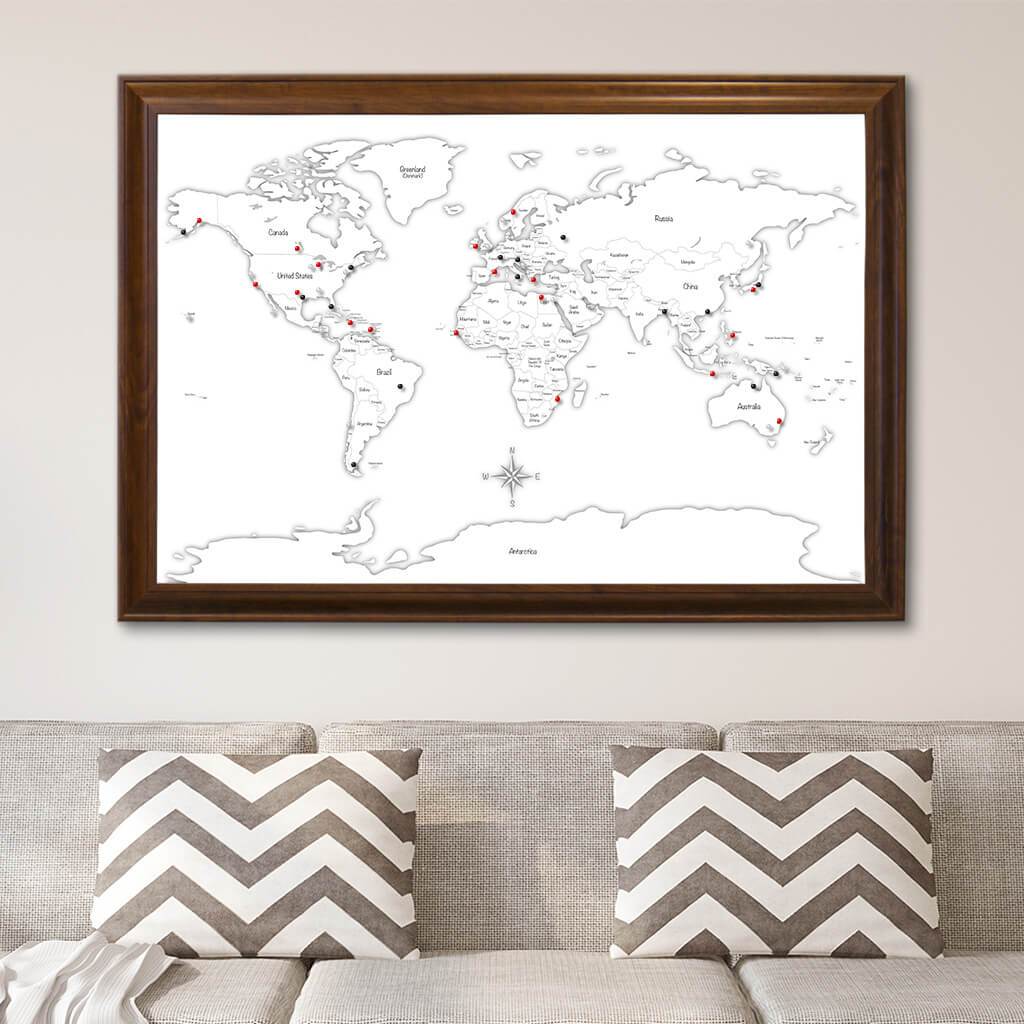 Black &amp; White Hand-Drawn Illustrative World Map with Pins Brown Frame