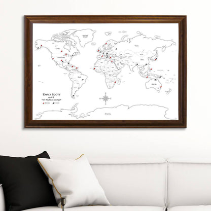 Canvas Black & White Hand-Drawn Illustrative World Map with Pins Brown Frame