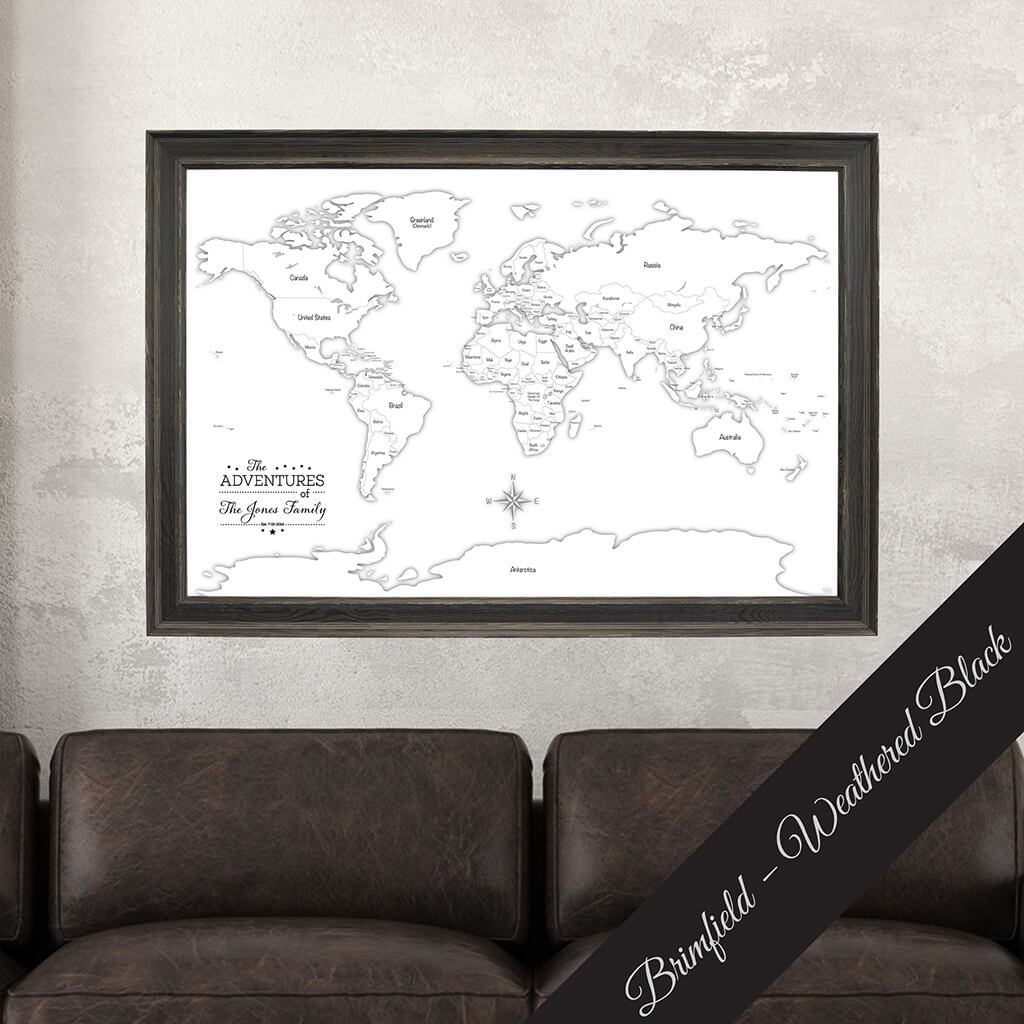 Canvas Black &amp; White World Map with Pins with Brimfield Black Frame