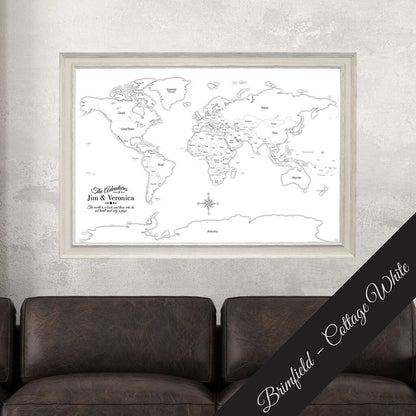 Canvas Black & White Hand-Drawn Illustrative World Map with Pins with Brimfield Cottage White Frame