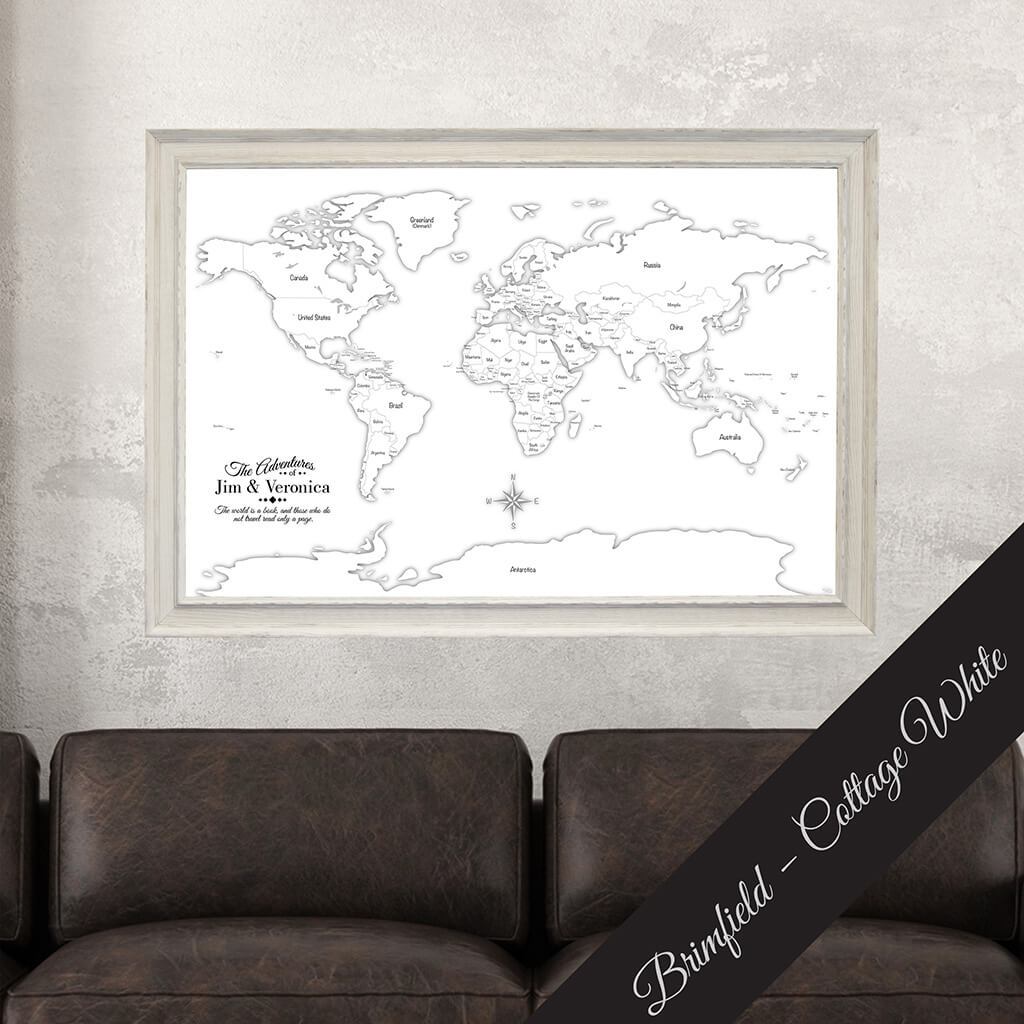 Canvas Black &amp; White Hand-Drawn Illustrative World Map with Pins with Brimfield Cottage White Frame