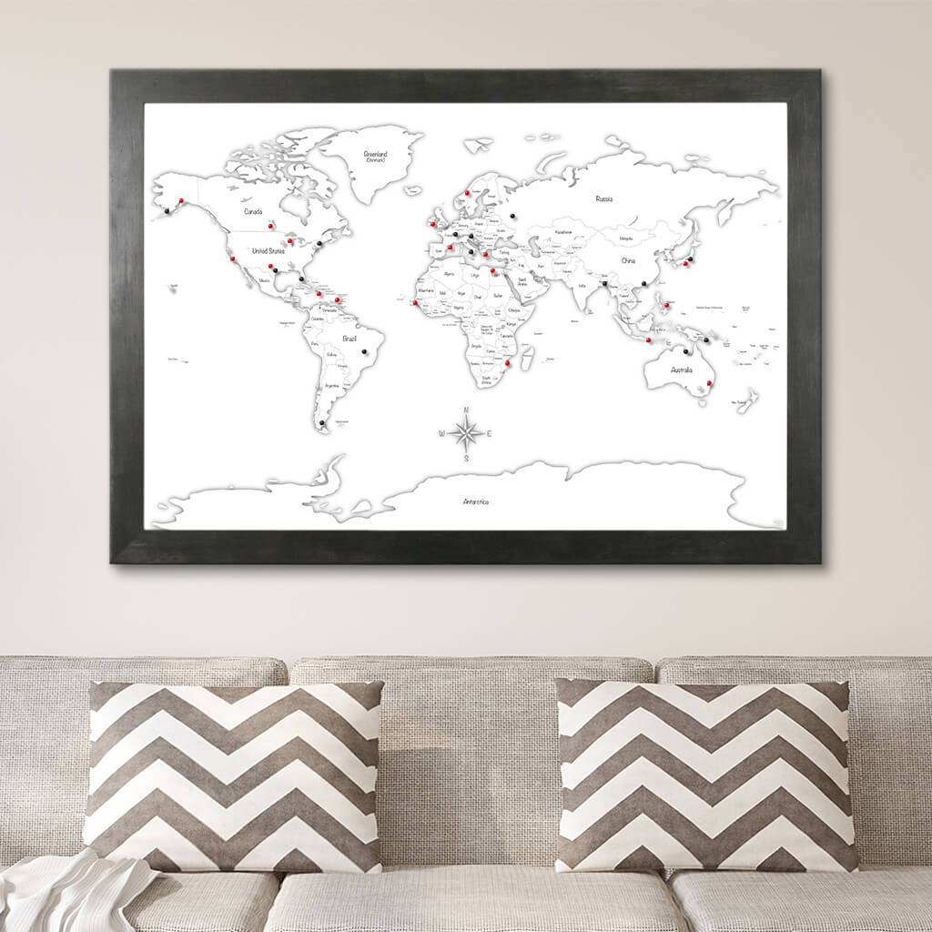 Black &amp; White Hand-Drawn Illustrative World Map with Pins Rustic Black Frame