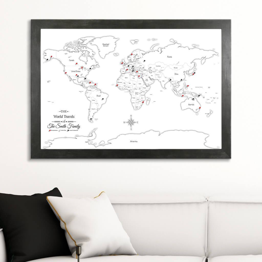 Canvas Black &amp; White Hand-Drawn Illustrative World Map with Pins Rustic Black Frame